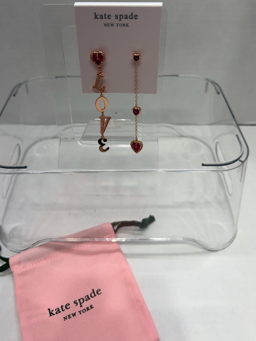 kate spade gold-tone heart 'LOVE' asymmetric drop earrings NWT
